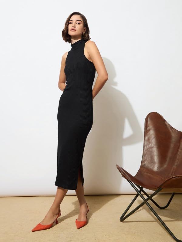 Image of barcino Black Rib Sleeveless Turtle Neck Midi Dress