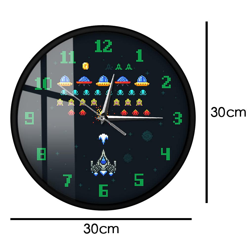 Videogioco vintage Space Alien Invader Pixel Spaceship Kids Game Room Orologio da parete Arcade Videogioco Orologio da parete in acrilico stampato-Metal_Frame_with_acrylic_glass
