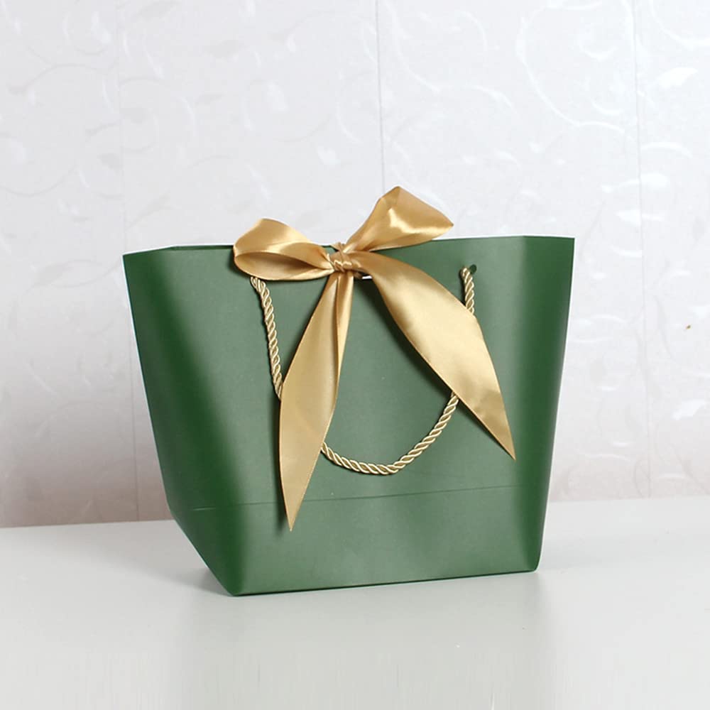 10 sztuk torebek papierowych, torebek na prezenty z wstążkami, 37 x 25 x 26 x 11 cm, torebki na prezenty z uchwytami do pakowania prezentów na urodziny, wesele, imprezę, Boże Narodzenie, dożynki, ciemnozielone