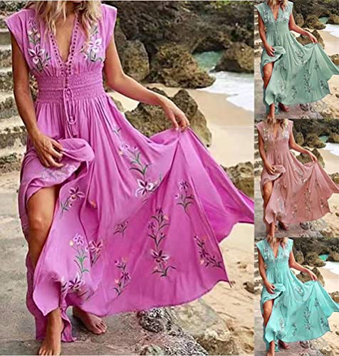 shownicer-Vestido-Mujer-Boho-Elegante-Maxi-Vestidos-Cuello-en-V-Floral-Impresa-Vestidos-Verano-Casual-Largos-Vestido-de-Playa