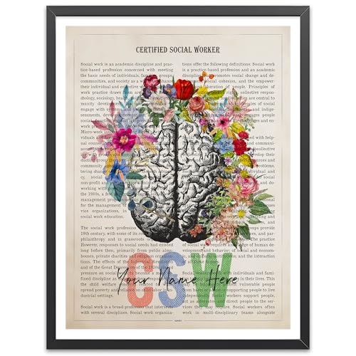 AgedPixel Personalized CSW Print | Custom Certified Social Worker Graduation Gift for Student | Vintage Cerebrum & Floral Wall Art | Social Work Office Decor (24x36)