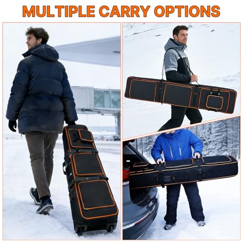 LIWSHWZ Snowboard Bag with Wheels,Fully Padded Rolling Ski Bags for Air Travel,Extendable 165-177CM Ski Travel Bag for Snowboard, Double Skis,Boots, Helmet,Ski Gear,900D Water Resistant Oxford Fabric