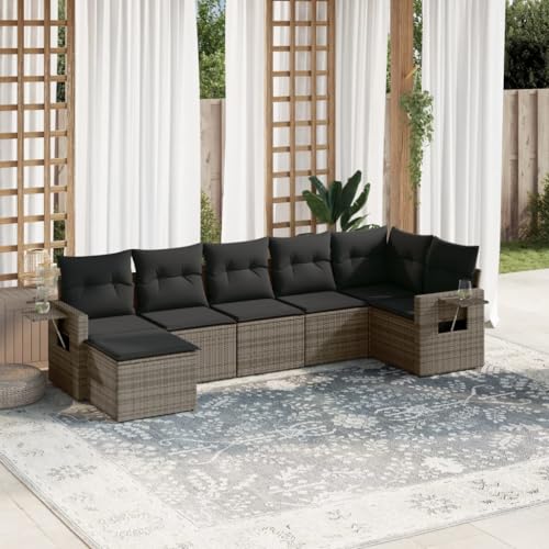 Mokuyary M322K479 - Sofá de jardín con cojines (7 piezas, polirratán, con mesa), color gris