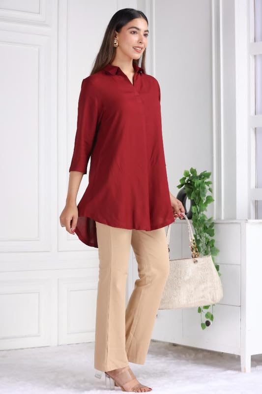 Image of Mlada Rayon Flare Top for Women | 3 /4th Sleeve Regular Fit and Flare Top | Women Office Tops Tunic | Western Long Shirt Top for Women | Shirt Collar Top for Women | Rayon Tunic Tops for Women Western