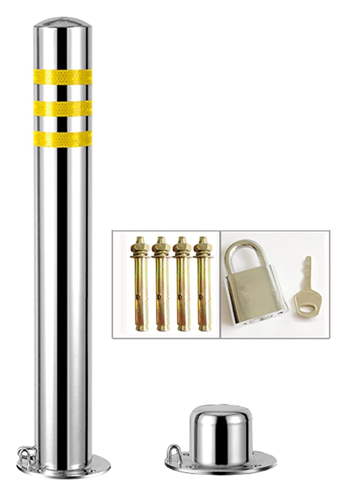 SnamicE Car Parking Space Lock Bollard with Padlock Stainless Steel Reflective Traffic Cones Security Posts for Car Park Community Entrance,Silver White,7,