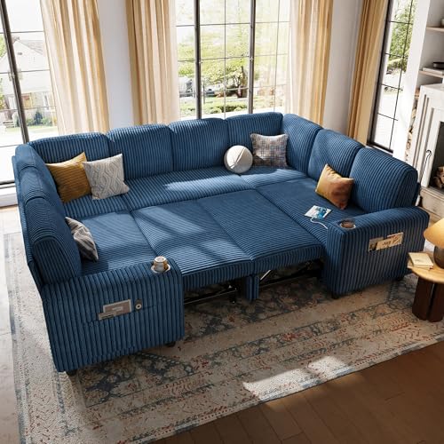 Image of LINSY HOME Sectional Sleeper Sofa with Pull Out Couch Bed - Convertible Plush Corduroy Cloud Couch with Storage Chaise & USB Charging, Comfy Modular Couches for Living Room, Blue