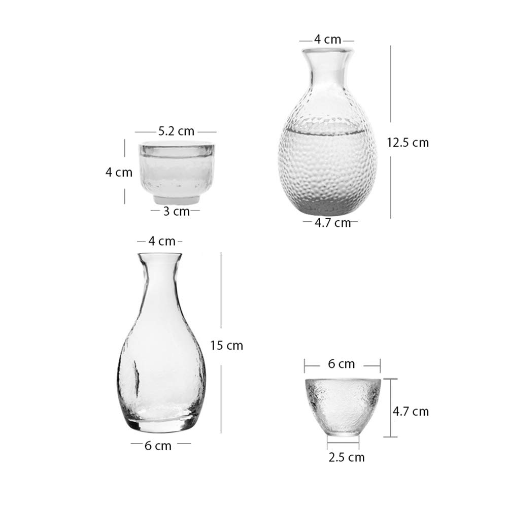 QWEASDF Set Sake, Artigianato Tradizionale in Vetro, Confezione Regalo da 5 Pezzi (Inclusa 1 Bottiglia, 4 Tazze), Motivo A Martello/Impronta Digitale Yin, Tazza con Cornice Dorata,2