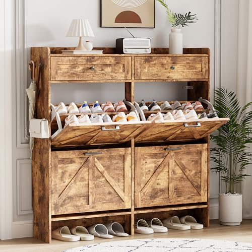 Image of Shoe Cabinet with 4 Flip Drawers & 2 Top Drawers, 43 inch Tall Freestanding Narrow Wooden Shoe Storage Organizer for Entryway, Hidden Slim Shoe Rack for Front Door Entrance, Hallway, Living Room, Brown