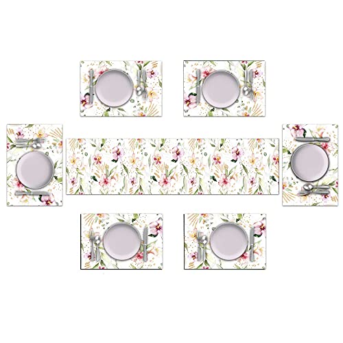 Tqfzp Tropical Floral Table Runner And Place Mats Set Of 6 Watercolor Modern Summer Flower Cotton Linen Dining Mat Sets Kitchen Dresser Décor For Home Table Decorations 70 Inches Long #TOP2