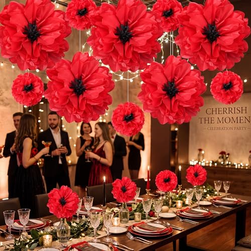 Image of TaoBary Large Colorful Tissue Paper Flowers Giant Fiesta Paper Pom Poms Classroom Wall Decor Mexican Birthday Party Decorations Wedding Backdrop(20 inch and 10 inch,Red, Black,12 Pcs)