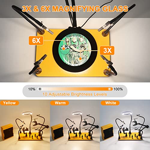 Image of Magnetic Helping Hands Soldering Third Hand with 3X & 6X LED Magnifying Lamp, Hot Air Gun Holder,12V Solder Fume Extractor, Extra Large & Heavy Duty Base, Four Arms Solder Station for Soldering PCB