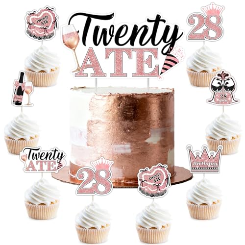 Balterever Twenty Ate Birthday Decorations Twenty Ate 28th Birthday Cake Cupcake Toppers Rose Gold 28th Bday Decorations for Women