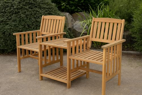 PRESTIGE HOME LIVING OUTDOOR 2-Sitzer-Gartenbank mit Beistelltisch klappbar aus Akazienholz ca. 163 x 63 x 91 cm - Braun