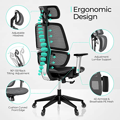 Linsy Home High-Back Office Chair, Swivel Ergonomic Task Chair With Adjustable Headrest And Arms, Lumbar Support And Pu Wheels, Computer Mesh Chair For Home Office, Dark Grey #TOP5