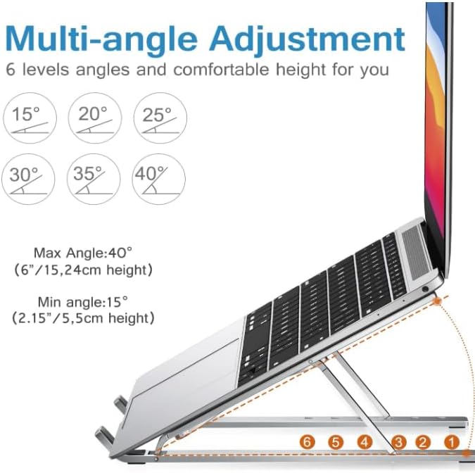 XaVi Multi-Angle Adjustable Aluminum Laptop Riser Stand with Non-Slip Pads - Portable, Ergonomic, 6 Angles, Foldable - Compatible with MacBook, HP, Dell, Lenovo & More - Prevents Overheating (Silver)