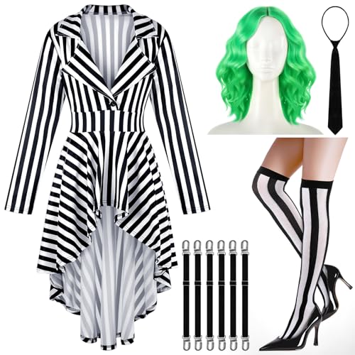 Cozypower Halloween Costumes for Women Black White Vertical Striped Adult Tailcoat Green Wig Black Tie Socks Clip(Medium)