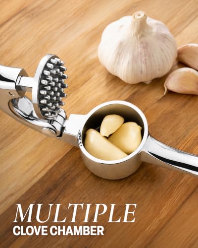 Image of Zulay Kitchen Premium Garlic Press Set - Rust Proof Professional Garlic Mincer Tool - Easy-Squeeze, Easy-Clean with Soft, Ergonomic Handle - Silicone Garlic Peeler & Brush (Chrome)