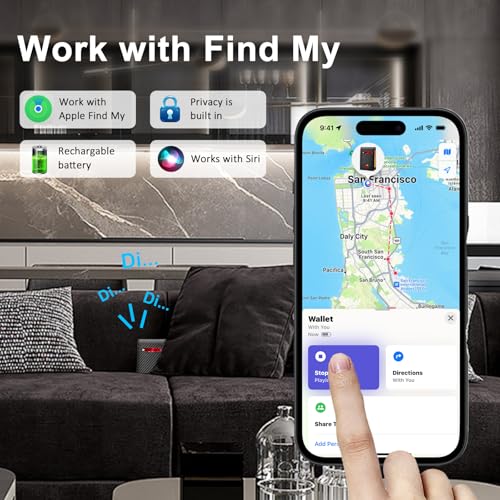 Mens Wallet with Tracker, Rechargeable Wallet Finder, Works with Apple Find My or Bseek, Thin Design, Smart Item Locator (iOS or Android(Carbon Black, Apple)2