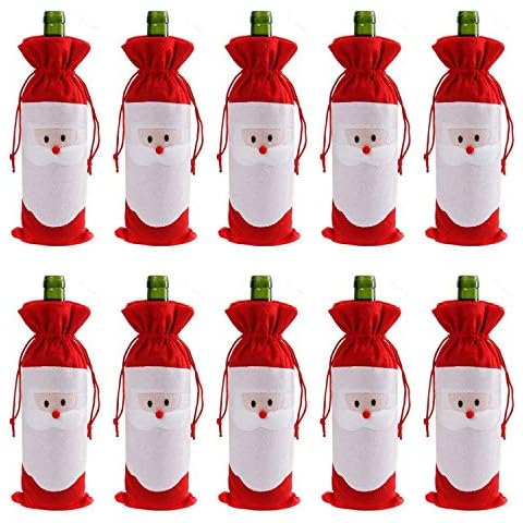 Gizhome 10 Piece Santa Claus Christmas Drawstring Red Wine Bottle Cover Bags for Home Dinner Party Decoration Table Decor X-Mas Gift Cover