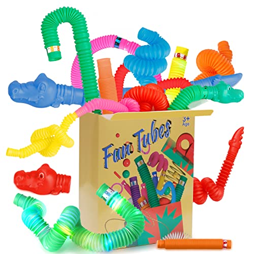 Satkago 12Pcs Pop Fidget Tubes Glow In The Dark Party Supplies, Led Light Up Fidget Toys Pack Party Favors For Kids (6Pcs 29Mm Glowing Pop Tubes + 3Pcs 29Mm Crocodile Pop Tubes + 3Pcs 19Mm Pop Tubes) #TOP1
