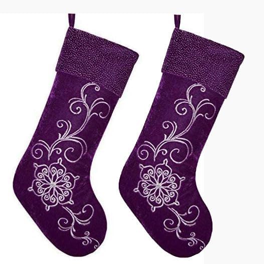Set of 2 Purple Velvet Embroidered, Blingbling Glitter Cuff Christmas Stocking -10"x18"