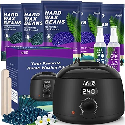 Waxing Kit- Anruz Women Men Wax Kit for Hair Removal - For Sensitive Skin, Eyebrows, Brazilian, Face, Bikini - Home Use Digital Wax Warmer with 5 Bags Hard Wax Beads (17.5 oz. total)