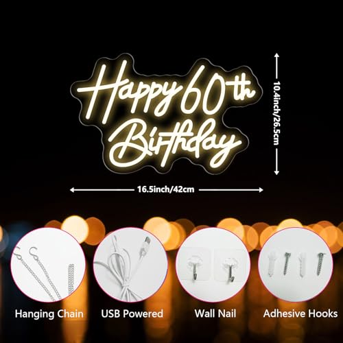 Image of Happy 60th Birthday Neon Sign For Birthday Party16.5 inch*10.5 inch Neon Happy Birthday Led Neon Light For Party Backdrop Wall Decor With Dimmable Switch Birthday Light Up Sign Birthday Gift