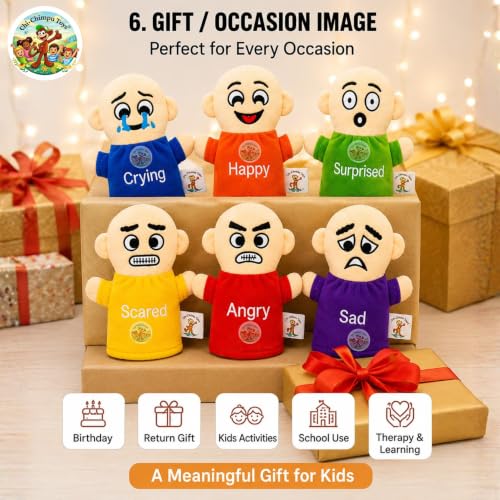 Image of Emotions Hand Puppets for Kids (Pack of 6) | Happy, Crying, Angry, Sad, Scared & Surprised Emotion Puppets | Educational Learning Toy | Feelings & Social Emotional Learning.