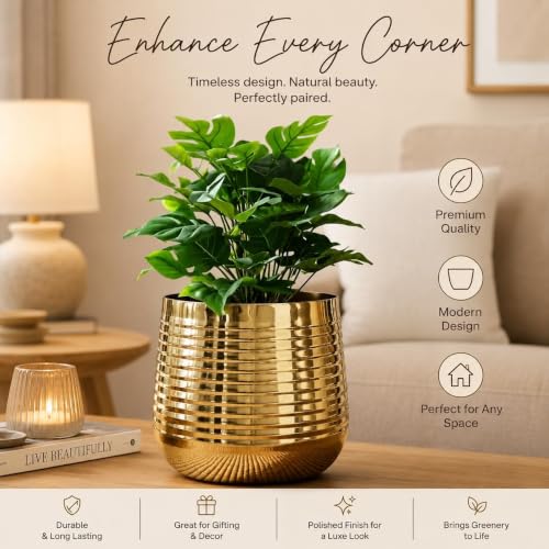 Image of Gold Metal Planter Pot for Indoor Plants, Decorative Ribbed Flower Pot for Living Room, Balcony & Home Decor