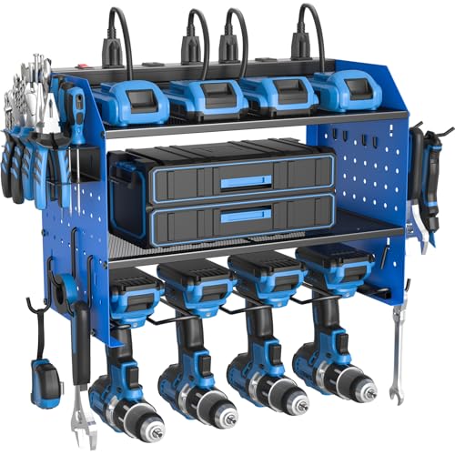 ZESEN Power Tool Organizer with Charging Station, Heavy Duty 4 Layer Drill Holder Wall Mount Garage Shelf Rack with 6 Outlet Power Strip, Tool Shelf with Hooks, Drill Bit Rack for Garage, Blue