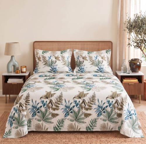 Image of BSB HOME 240 TC Cotton Double Bedsheet with 2 Pillow Covers, Soft & Breathable Bed Sheet for Double Bed, Fade & Wrinkle Resistant, Floral Print, 90 x 100 Inches (228 x 254 cm) - Earthy Eucalyptus