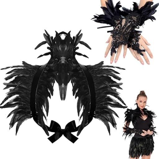 Huahuanghui Chal de Plumas Negro, Muñequera y Puños Góticos, Mantó Victoriano, Collar para Halloween - Adorno de Plumas Negras para Damas | Ya disponible en tu tienda friki favorita! En mundofriki.es! Huahuanghui Chal de Plumas Negro, Muñequera y Puños Góticos, Mantó Victoriano, Collar para Halloween - Adorno de Plumas Negras para Damas | Ya disponible en tu tienda friki favorita! En mundofriki.es!