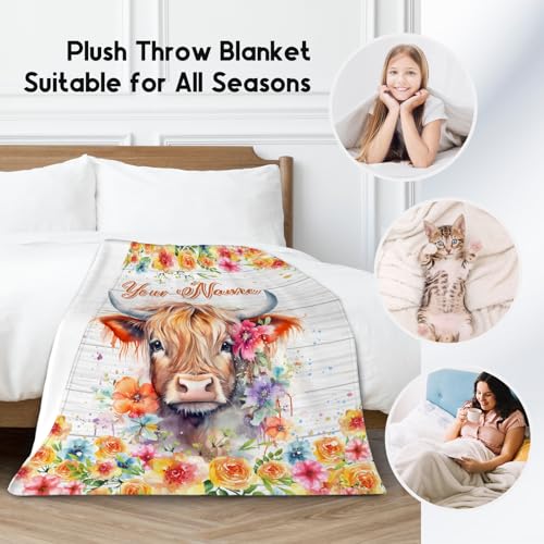 Custom Highland Cow Blanket, Cozy Soft Throw Gifts for Girls, Cute Colorful Flannel Throw Blankets for Couch Office, 40x50 Inches