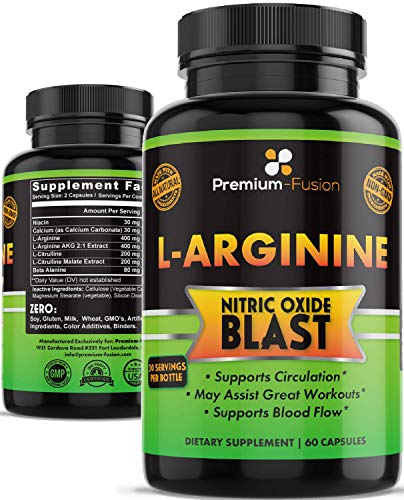 L-Arginine with Nitric Oxide Blast, Supplement for Circulation, Blood Flow, Powerful NO Booster with L-Citrulline Malate Extract, Beta Alanine, Train Better, Longer and Harder from Premium Fusion L-Arginine with Nitric Oxide Blast, Supplement for Circulation, Blood Flow, Powerful NO Booster with L-Citrulline Malate Extract, Beta Alanine, Train Better, Longer and Harder from Premium Fusion