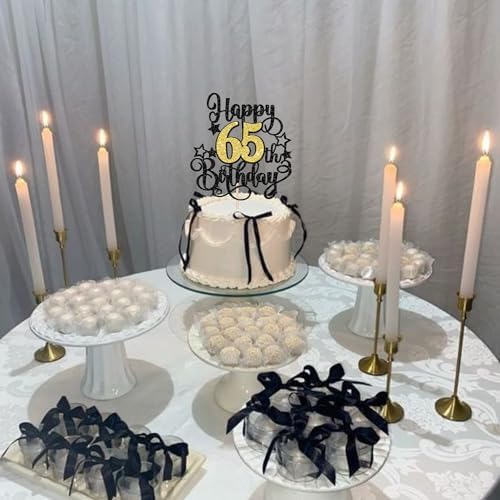 ZHUOWEISM 1 PCS Happy 65th Birthday Cake Topper Black Gold Glitter Cheers to 65 Years Birthday Cake Pick Hello 65 Fabulous Cake Decoration for Happy 65th Birthday Anniversary Party Supplies — view 4
