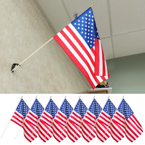 Newwiee 8 Pcs 16 x 24 Inch Large American Flag with 42 Inch Pole for Classroom 4th of July Classroom American Flags on Sticks USA Patriotic Hand Flag for 250th Anniversary Wall Decoration