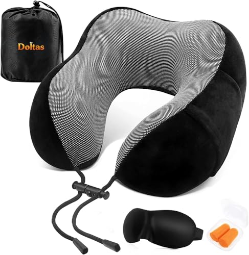 Image of DOLTAS Memory Foam Travel Pillow for Neck Pain Relief, Includes Eye Mask & Noise Isolating Ear Plugs, Portable Combo for Men & Women, Ideal for Long Flights & Road Trips | Velvet Black