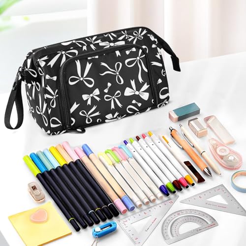 Image of Bow Black Pencil Case Pouch Big Capacity Pencil Bag Box Organizer Pen Case with Compartmens Stationery Organizer for Girls Boys Women School College Office