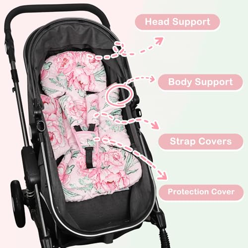 Image of DILIMI Infant Car Seat Insert, Baby Car Seat Head Support with 3 Strap Paddings, Soft Newborn Car Seat Cushion for Stroller, Swing, Bouncers, Pink Flower
