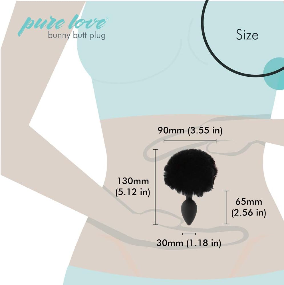 Pure Love Fluffy Bunny Tail, Silicone Anal Butt Plug, Black Color, Adult Sex Toy, 45g