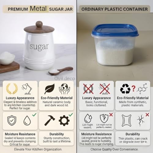 Image of Stylish Airtight Container for Kitchen, Tea Coffee Sugar Storage, White, Metal with Wooden Lid & Spoon, 1000ml, Canister for Kitchen Counter top | Food-Safe Jar Set of 3 (Tea coffee & Sugar)