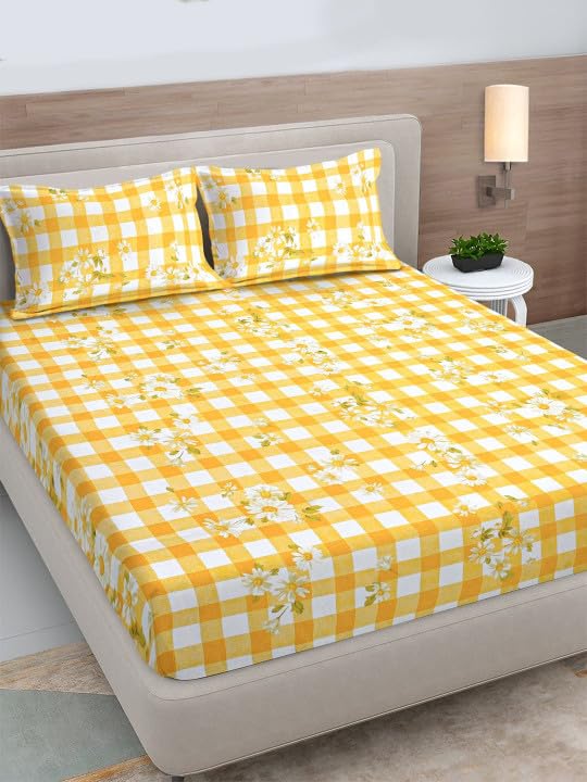 Image of 380 TC Premium Glace Cotton Elastic Fitted Bedsheet King Size with 2 Pillow Covers King Size | Double Bed with All Around Elastic (YellowC, Fitted - 72 inchx78 inch King)
