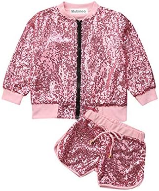 Toddler Baby Girl Kids Fall Jacket Outfits Sequin Zipper Tops Shorts Clothes Set