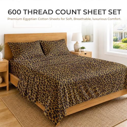 Image of SGI bedding 100% Egyptian Cotton Sheets Full XL Size - 600 Thread Count Sheets Set, Soft, Cooling, 15 inch Deep Pocket, Luxury Hotel Bedding, Breathable, Durable - Leopard Print