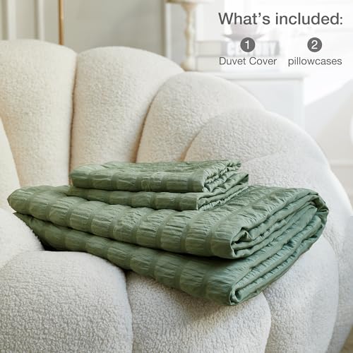 Image of JELLYMONI Seersucker Duvet Cover Set King, 3pcs Dark Green Polyester | In Spacious Master, Couples & Pets, Crinkled Texture, Oeko-Tex Certified, 8 Corner Ties & Hidden Zipper