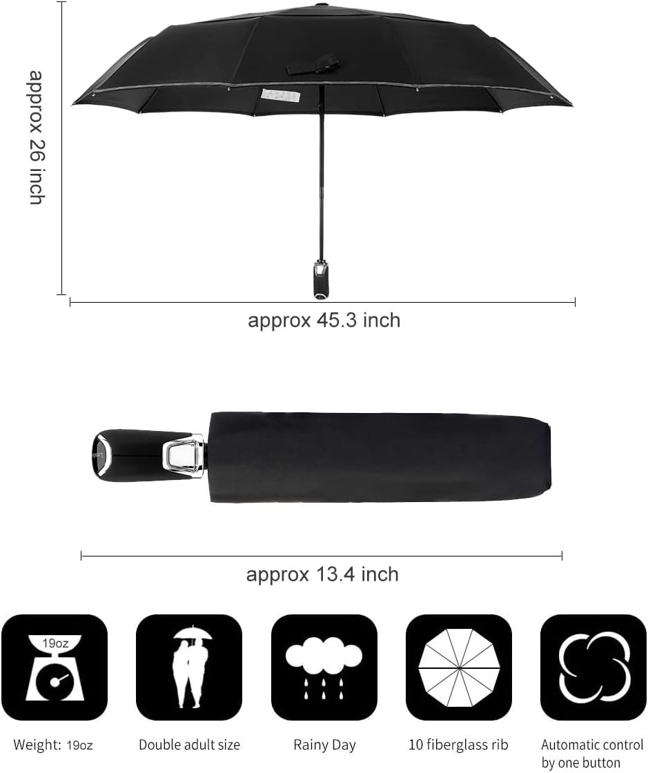 Premium Automatic Compact Umbrella Windproof - Premium Large Business Men Travel Umbrella Folding - With Reflective Strips Rain Umbrella Auto