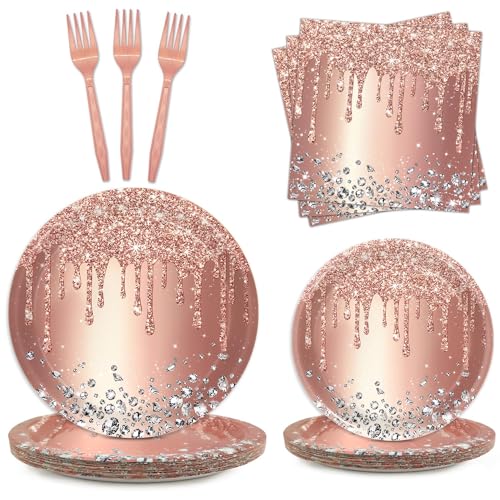 Rose Gold Party Plates and Napkins Set - Pink Birthday Decorations Diamond Theme Supplies - Serves 24 Guests