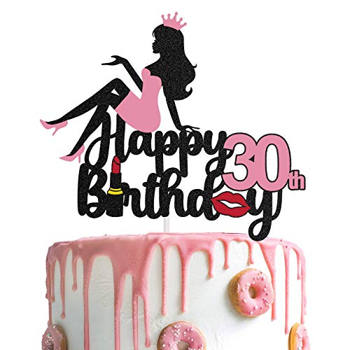 LINGTEER Happy 30th Birthday Crown Queen Lady Thick Paper Cake Topper,Cheers to 30th Years Old Thirty Bday Party Cake Decorations Sign.- Pink