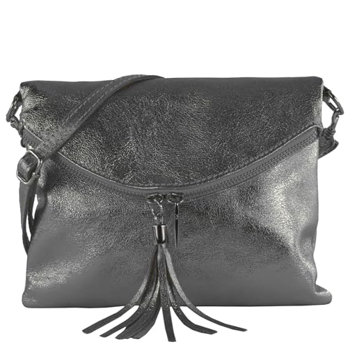 modamoda de T07L / T139L Damen Leder kleine Umhängetasche 2 Modelle handmade in Italy, Farbe:T139L Anthrazit-Metallic