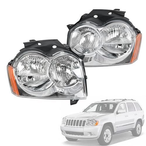 RUIANOMG Headlights Assembly Replacement For Jeep Grand Cherokee 2005 2006 2007, Chrome With Amber Reflector